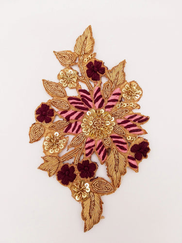 Gold and Pink Embroidered Flower Applique Patch, Floral Applique, Floral Motif